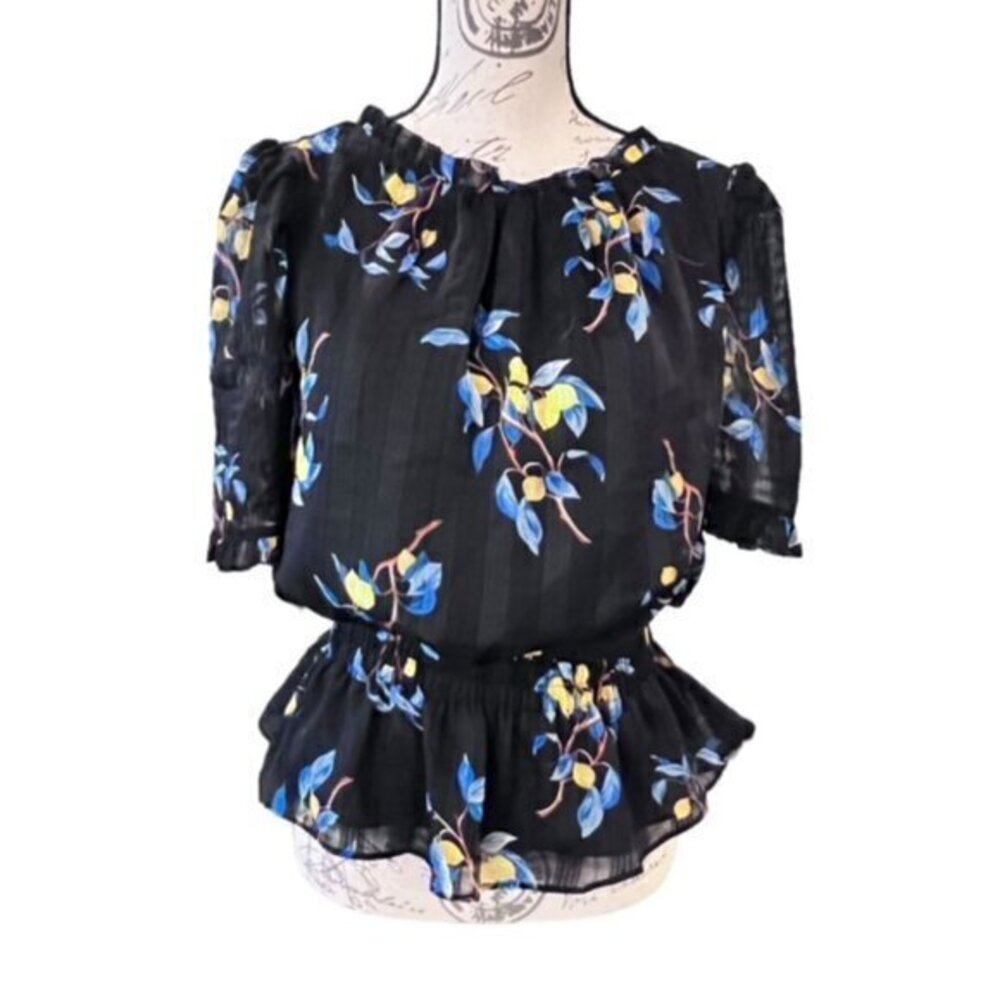 Premise Blouse Black Blue Floral Sheer Short Sleeve Elastic Waist Size Small NWT